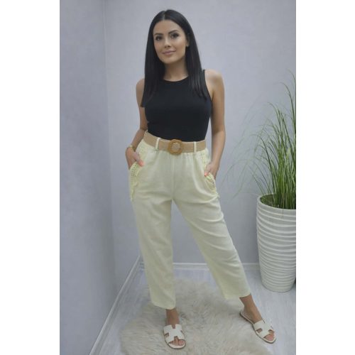   Lenvászon zsebénél csipke szegélyes nadrág övvel (sárga)