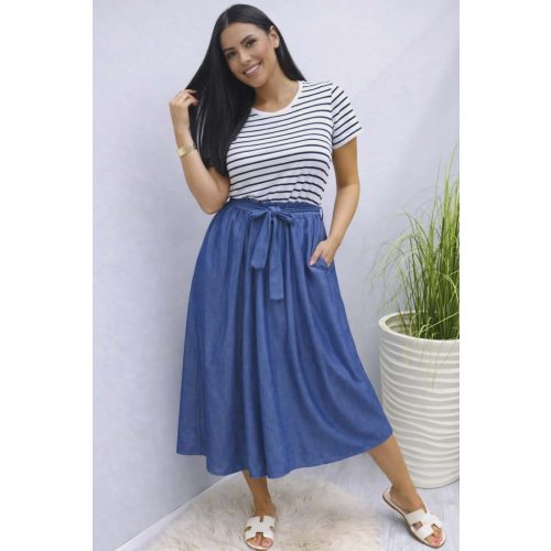   Csinos felső részén csíkos alján farmer hatású ruha derekán megkötővel (1)