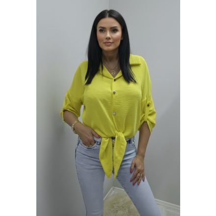 Gyönyörű végig gombos roll-up ujjú alján megkötős blúz (sárga)