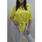Gyönyörű végig gombos roll-up ujjú alján megkötős blúz (sárga)