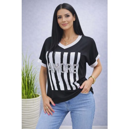 Amore feliratos V kivágott lezser felső (fekete)