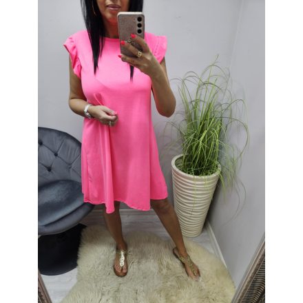 Csinos A vonalú fodros vállú pamutruha (neonpink)