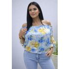 Vállán gumírozott virágmintás blúz (kék)