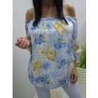 Vállán gumírozott virágmintás blúz (kék)