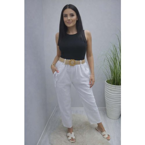   Lenvászon zsebénél csipke szegélyes nadrág övvel (fehér)