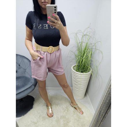 Csinos magasított derekú lenvászon rövidnadrág övvel (mályva rózsaszín)