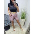 Csinos magasított derekú lenvászon rövidnadrág övvel (mályva rózsaszín)