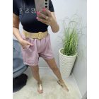Csinos magasított derekú lenvászon rövidnadrág övvel (mályva rózsaszín)