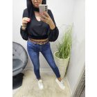 Gyönyörű hátul a nyakánál megköthető alján gumírozott rövid fazonú blúz (fekete)