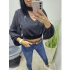 Gyönyörű hátul a nyakánál megköthető alján gumírozott rövid fazonú blúz (fekete)