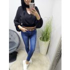 Gyönyörű hátul a nyakánál megköthető alján gumírozott rövid fazonú blúz (fekete)