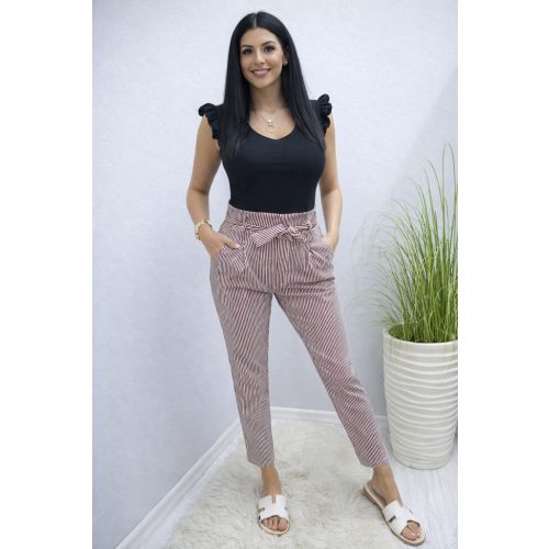   Csinos magas derekú derekán megkötős csíkos nadrág (barna-fehér)