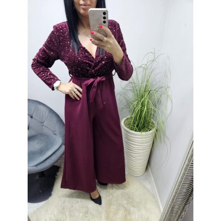 Gyönyörű flitteres mellrészen átlapolt megkötős overál (burgundi)