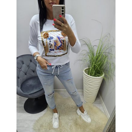 Csinos felső 3D virággal és rojttal  (fehér)