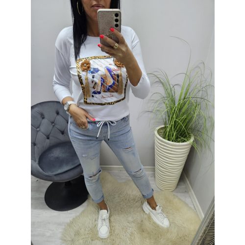 Csinos felső 3D virággal és rojttal  (fehér)