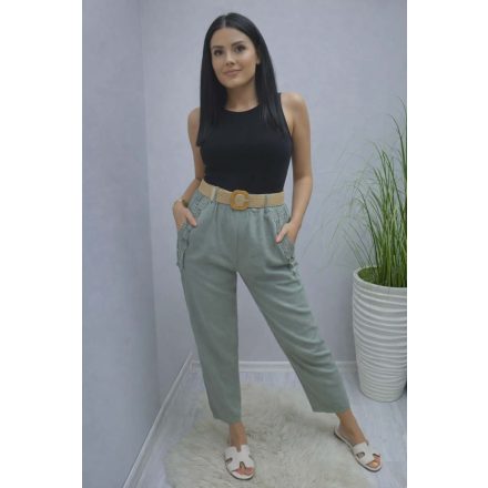 Lenvászon zsebénél csipke szegélyes nadrág övvel (khaki)