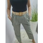 Lenvászon zsebénél csipke szegélyes nadrág övvel (khaki)