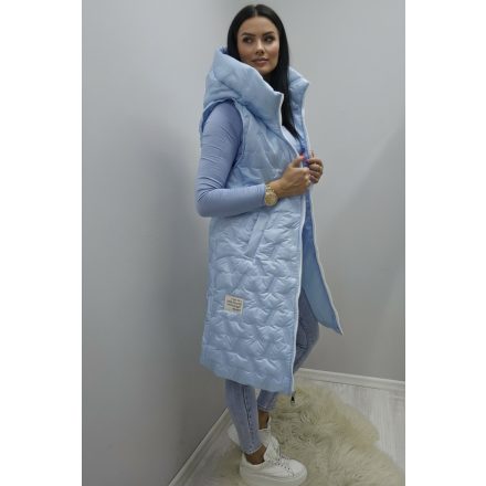 Csinos kapucnis hosszított fazonú cipzáras steppelt mellény (babakék)
