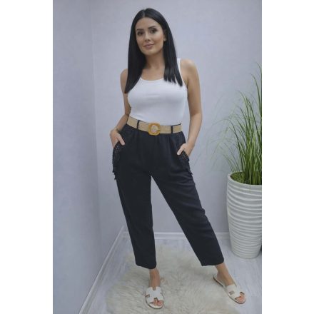 Lenvászon zsebénél csipke szegélyes nadrág övvel (fekete)