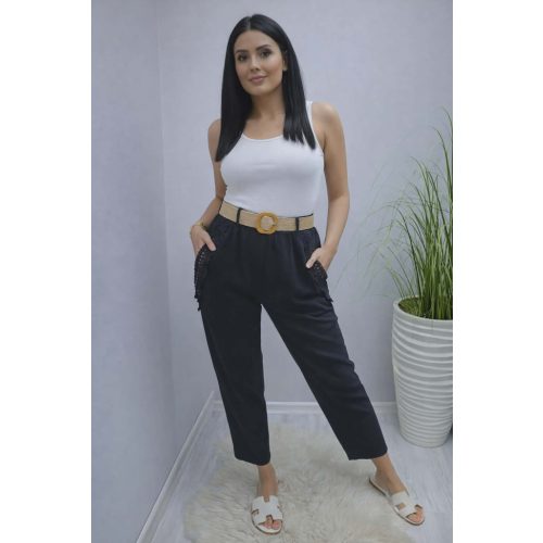   Lenvászon zsebénél csipke szegélyes nadrág övvel (fekete)