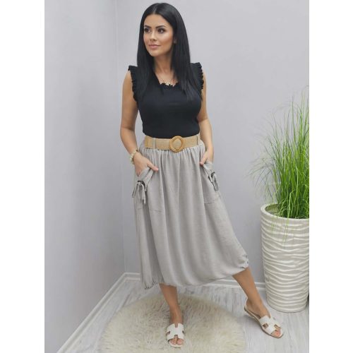 Divatos lenvászon gumis derekú szoknya övvel (bézs)