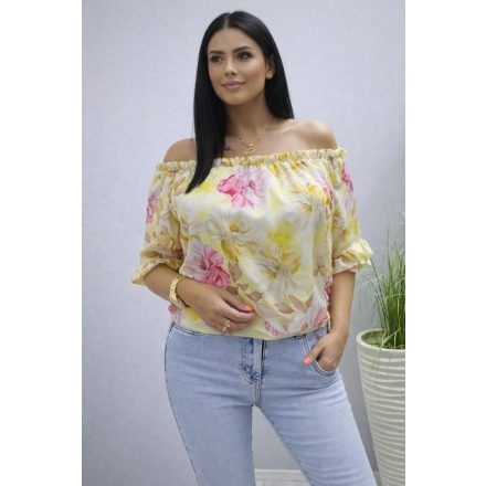 Vállán gumírozott virágmintás blúz (sárga)