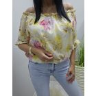 Vállán gumírozott virágmintás blúz (sárga)