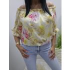 Vállán gumírozott virágmintás blúz (sárga)