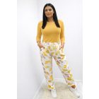 Színes levélmintás gumírozott derekú kényelmes lezser nadrág (sárga-mintás)