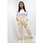 Színes levélmintás gumírozott derekú kényelmes lezser nadrág (sárga-mintás)