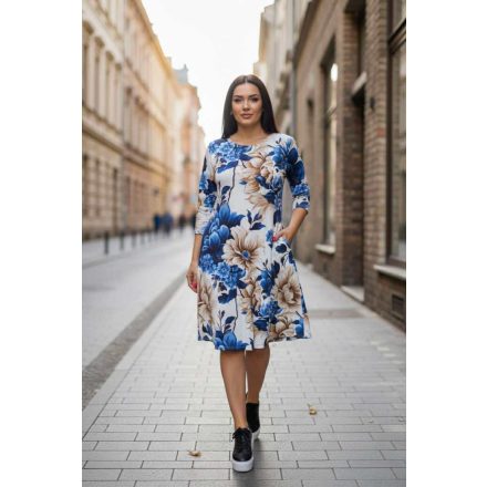 Virágmintás enyhén A vonalú ruha (kék-barna virág)