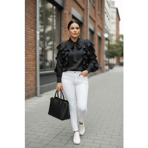 Gyönyörű fodros nyakánál megköthető blúz (fekete)