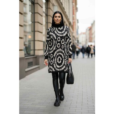 Csinos garbós nyakú puha meleg fekete-bézs mintás tunika 