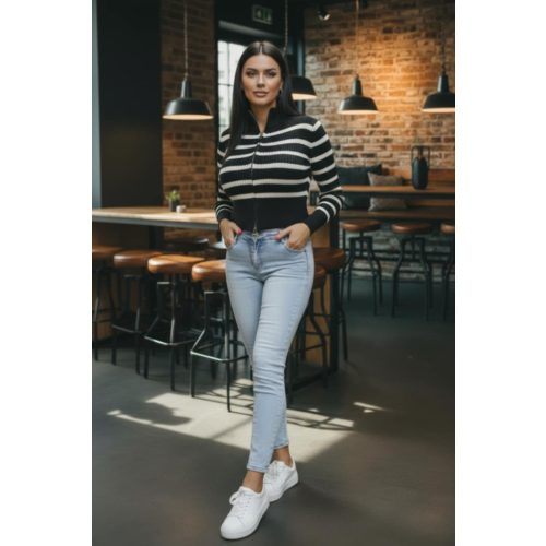   Divatos csíkos rövid fazonú cipzáras kardigán(fekete-fehér)