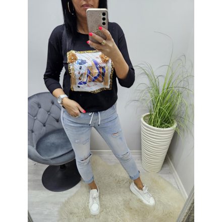 Csinos felső 3D virággal és rojttal  (fekete)