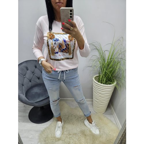 Csinos felső 3D virággal és rojttal  (púder rózsaszín)