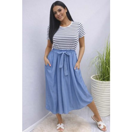 Csinos felső részén csíkos alján farmer hatású ruha derekán megkötővel (2)