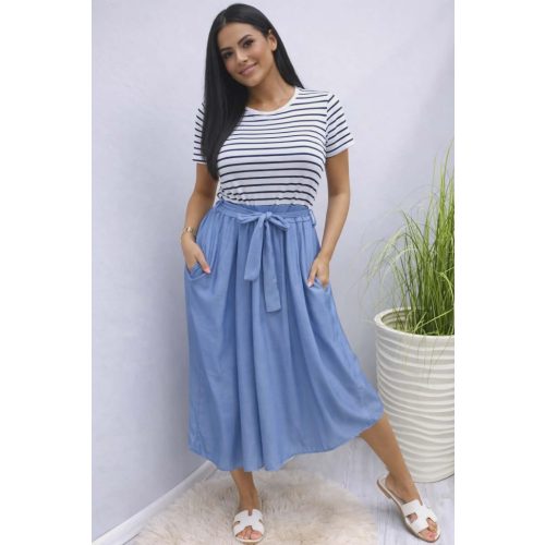   Csinos felső részén csíkos alján farmer hatású ruha derekán megkötővel (2)