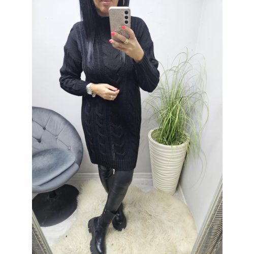 Csinos magas nyakú csavart mintás kötött ruha (fekete)