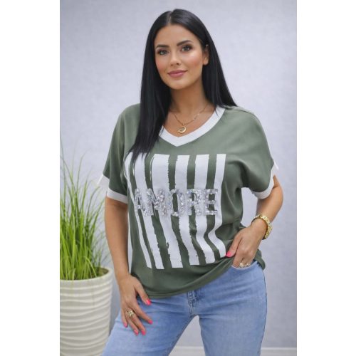 Amore feliratos V kivágott lezser felső (khaki)