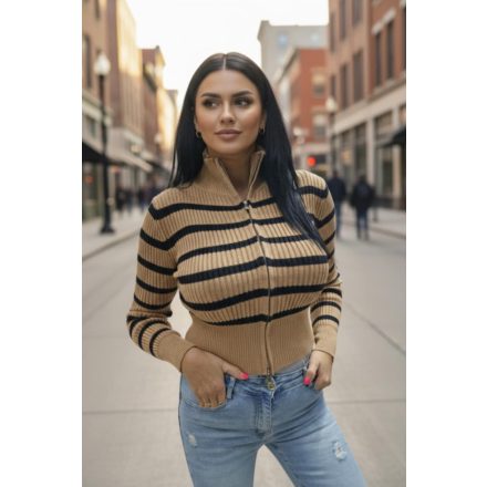 Divatos csíkos rövid fazonú cipzáras kardigán(barna-fekete)