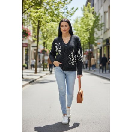 Csinos virágmintás gombos kardigán (cirmos fekete)